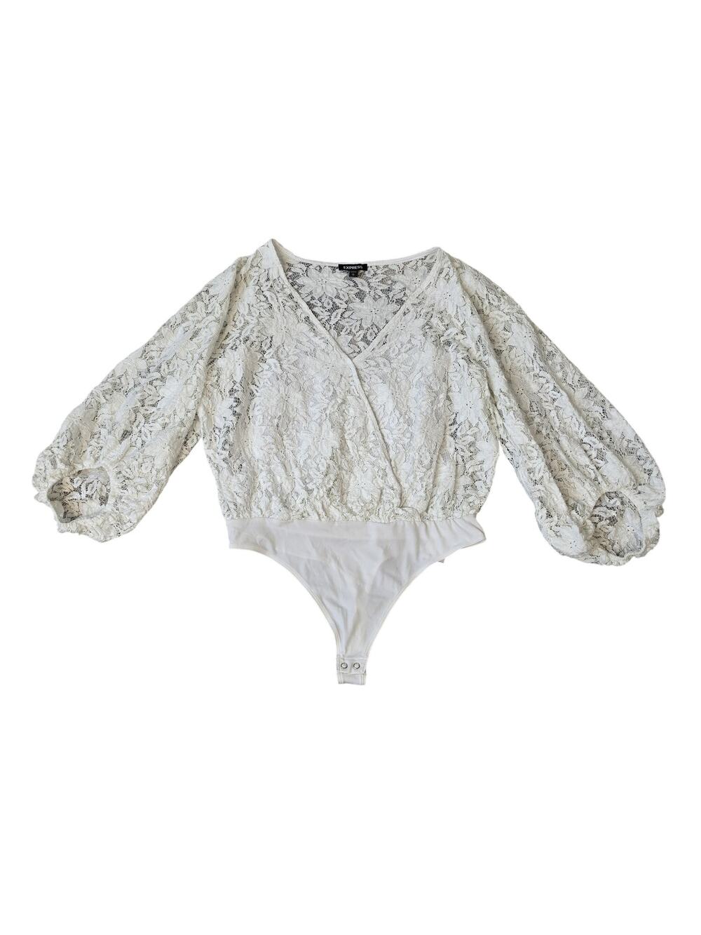 Express Bodysuit Womens Large White Lace Wrap V Neck Long Sleeve Thong Snap Boho